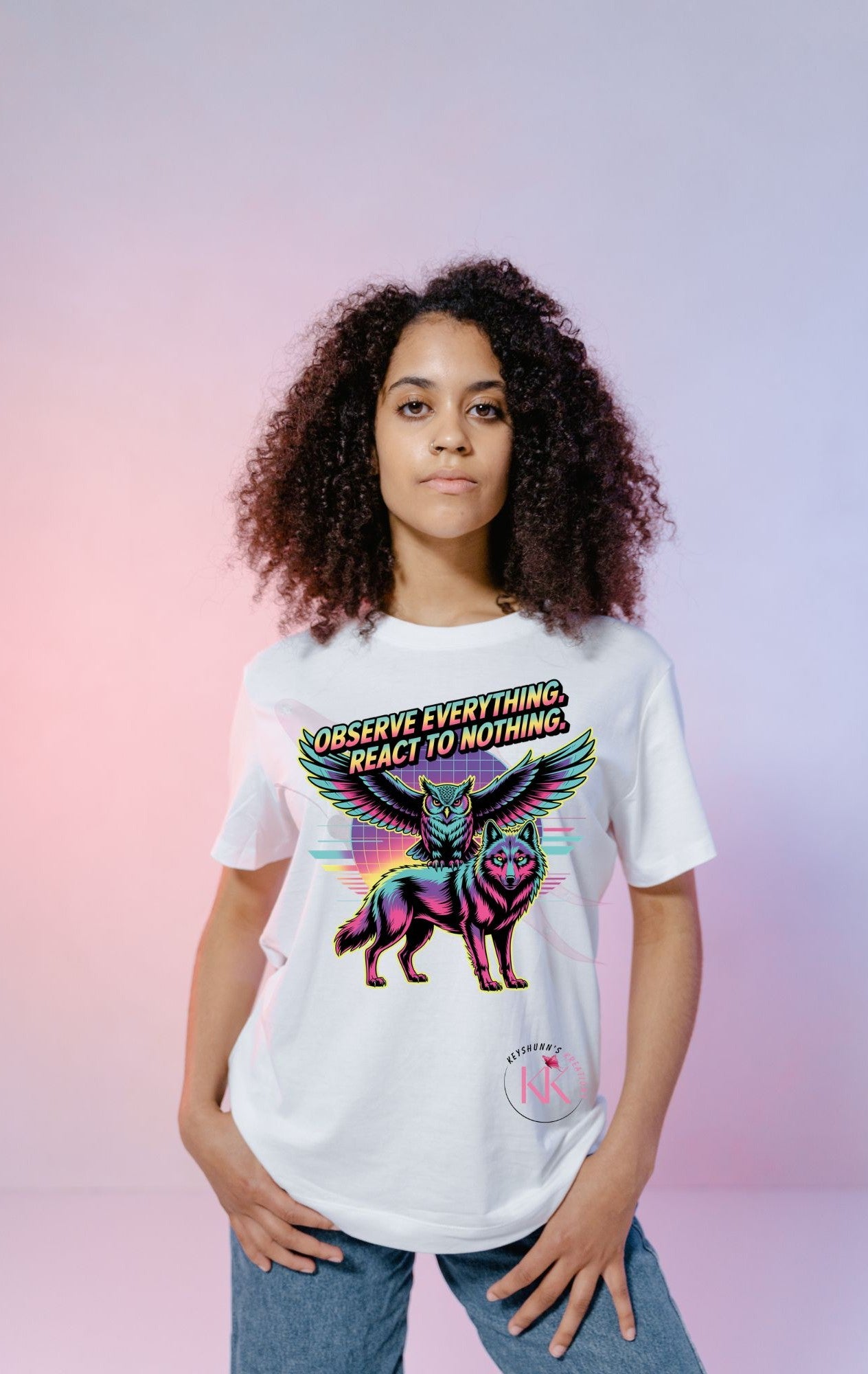 Observe Everything, React to Nothing T-Shirt | Neon Owl & Wolf Synthwave Graphic Tee | Motivational Streetwear Shirt