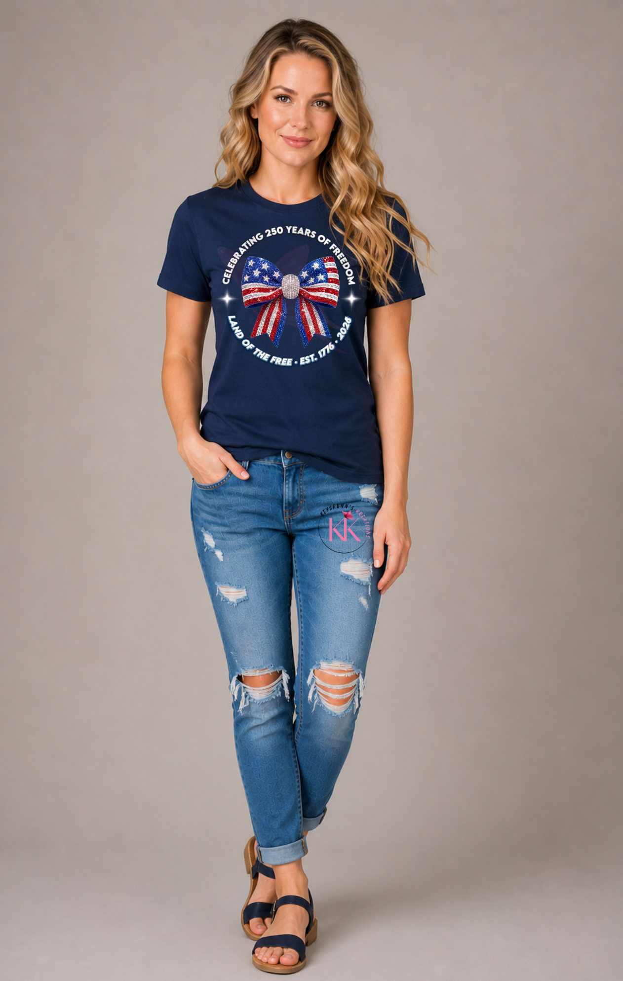 Celebrating 250 Years of Freedom Patriotic Rhinestone Bow Shirt | America 250 Anniversary Tee | Land of the Free 1776-2026