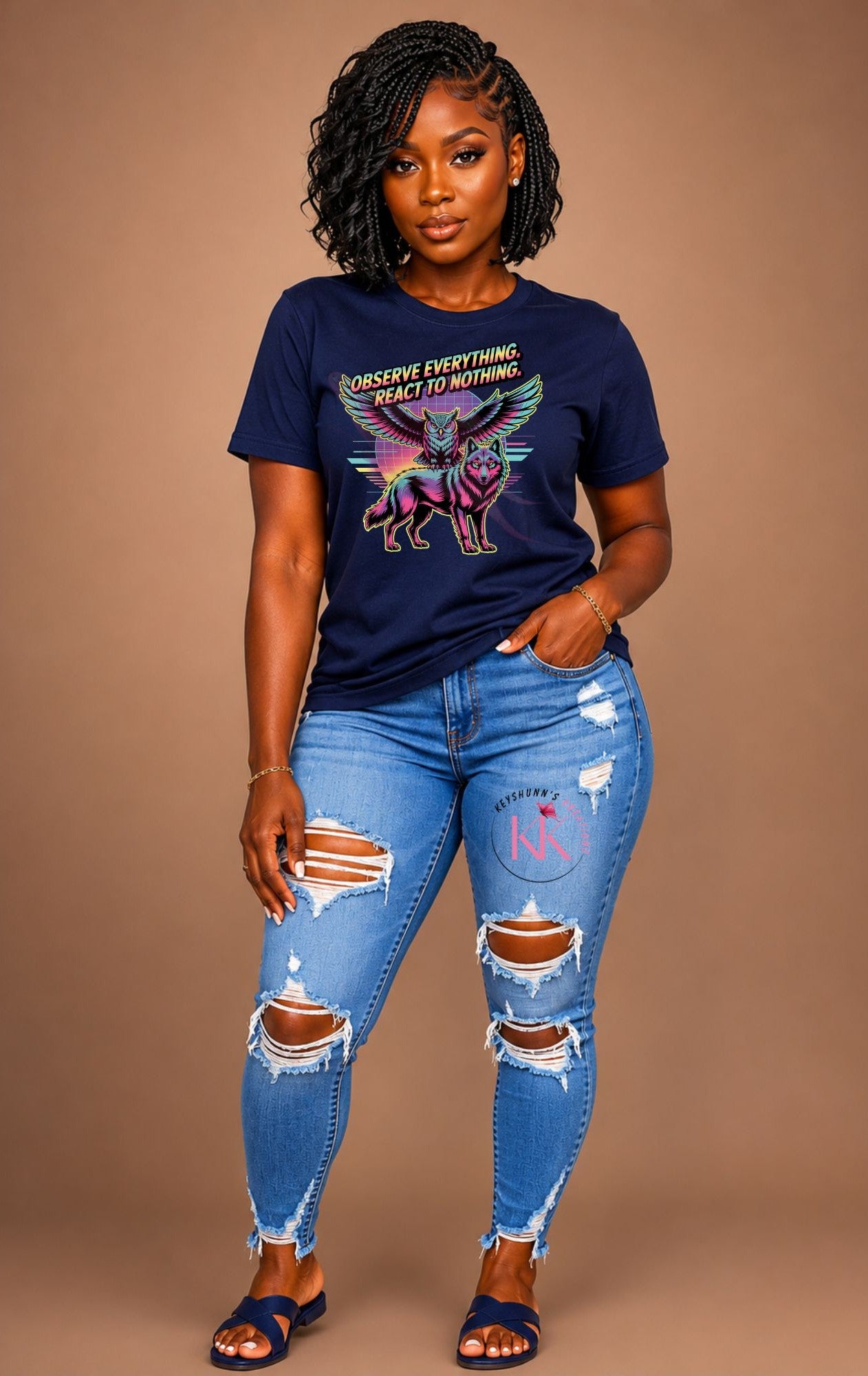 Observe Everything, React to Nothing T-Shirt | Neon Owl & Wolf Synthwave Graphic Tee | Motivational Streetwear Shirt
