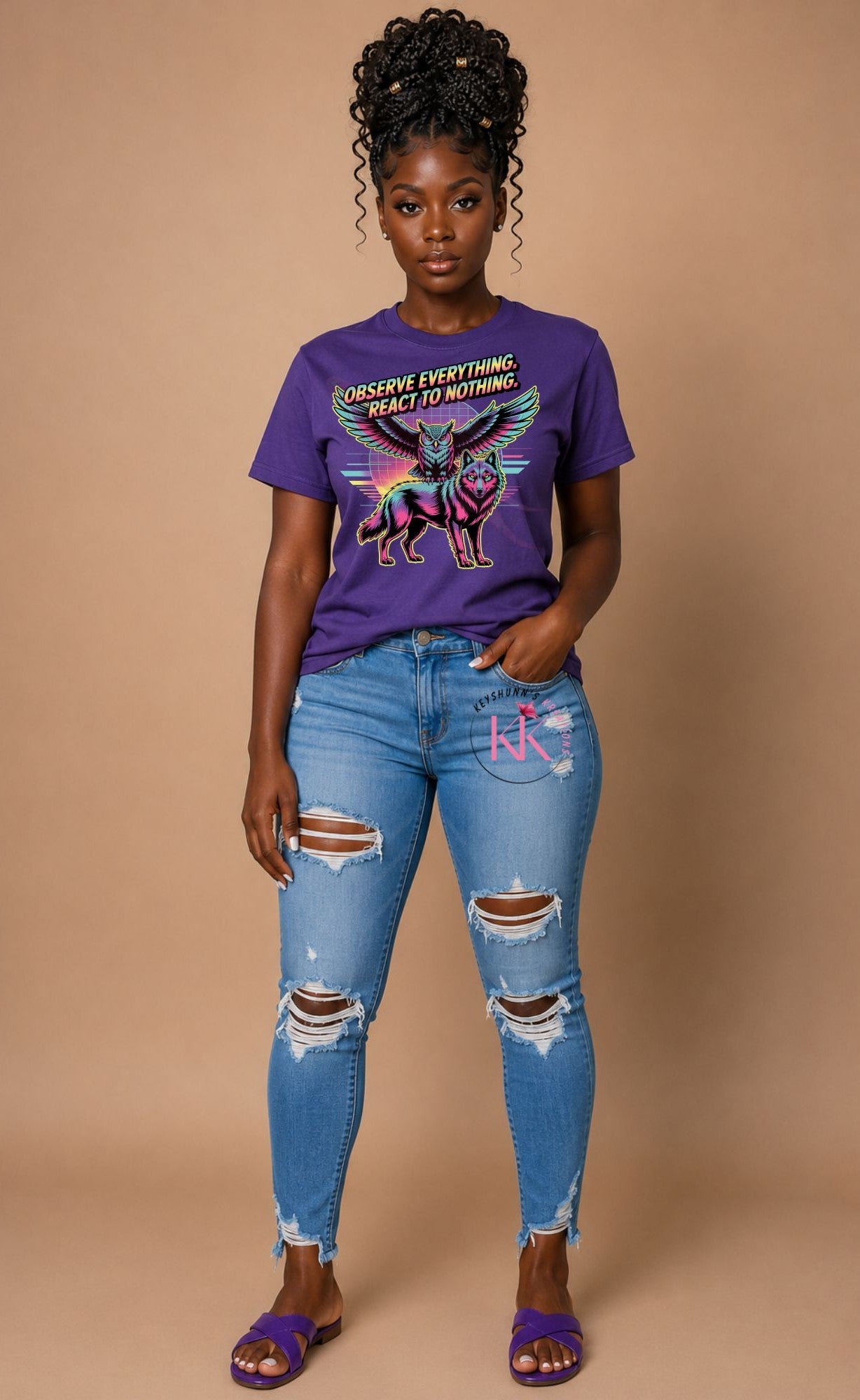 Observe Everything, React to Nothing T-Shirt | Neon Owl & Wolf Synthwave Graphic Tee | Motivational Streetwear Shirt