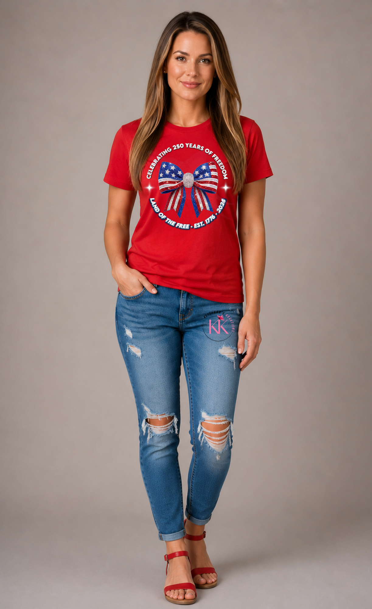 Celebrating 250 Years of Freedom Patriotic Rhinestone Bow Shirt | America 250 Anniversary Tee | Land of the Free 1776-2026