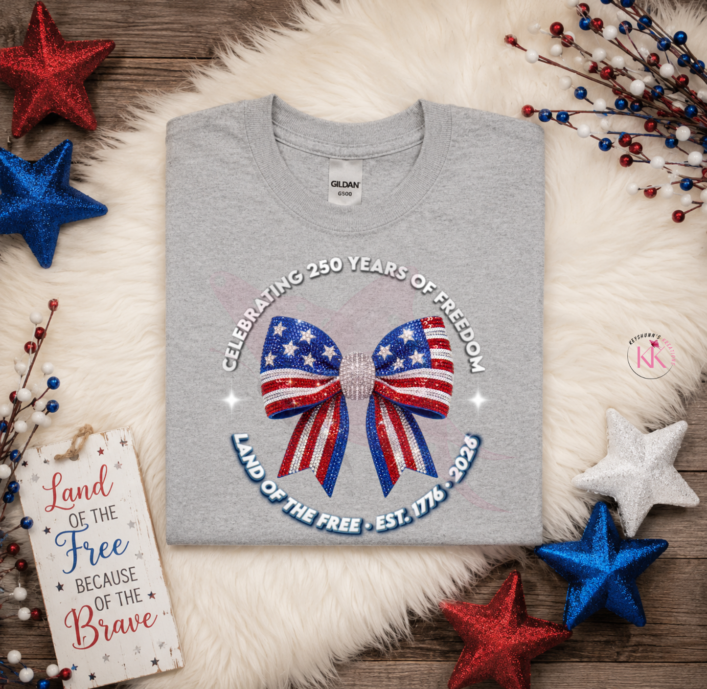 Celebrating 250 Years of Freedom Patriotic Rhinestone Bow Shirt | America 250 Anniversary Tee | Land of the Free 1776-2026