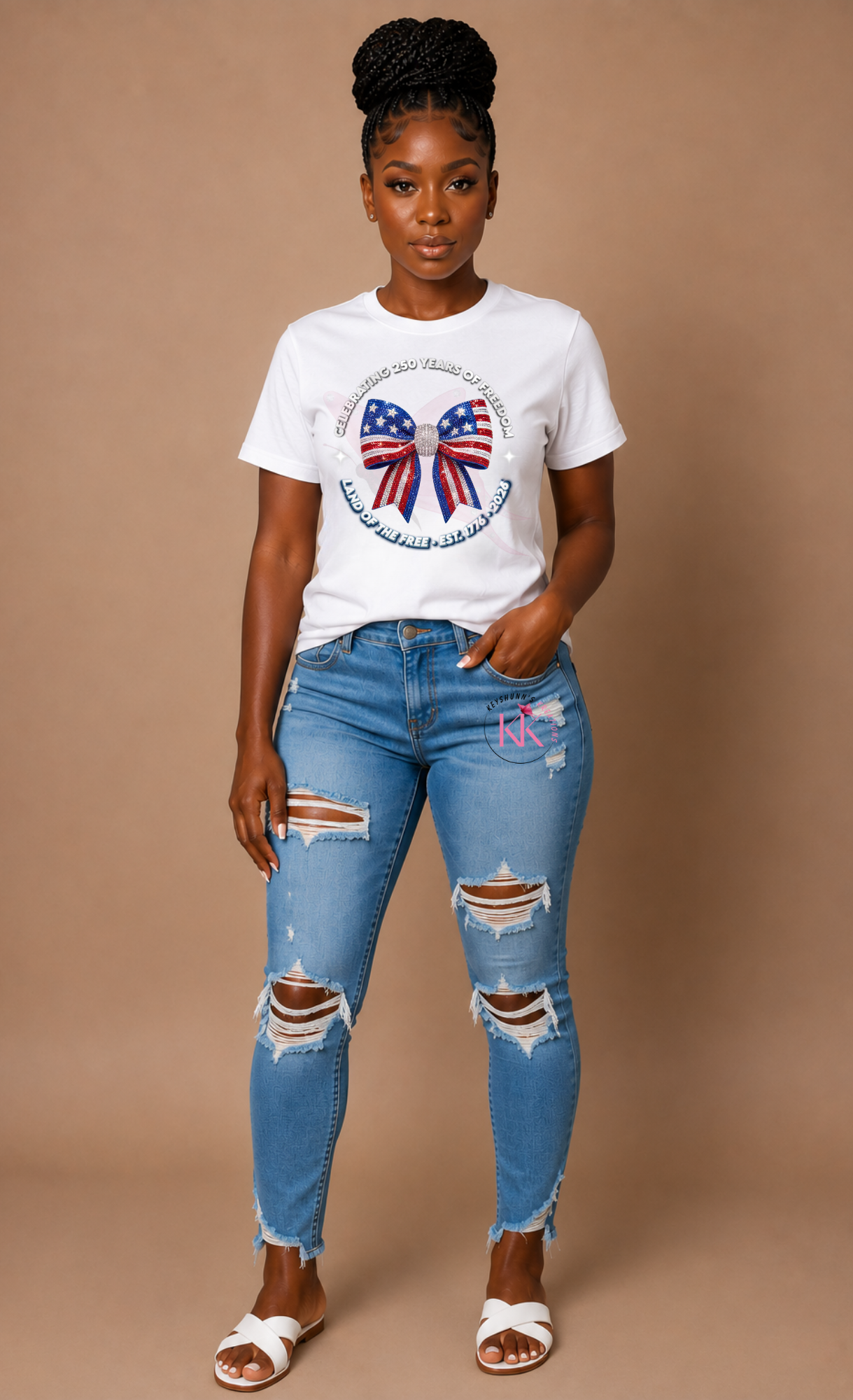 Celebrating 250 Years of Freedom Patriotic Rhinestone Bow Shirt | America 250 Anniversary Tee | Land of the Free 1776-2026