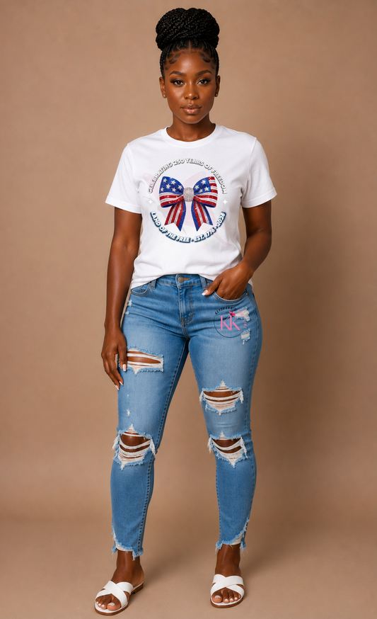 Celebrating 250 Years of Freedom Patriotic Rhinestone Bow Shirt | America 250 Anniversary Tee | Land of the Free 1776-2026